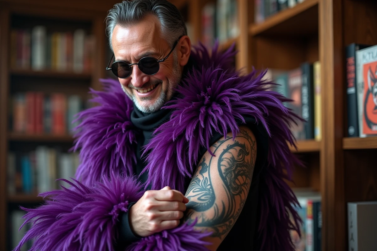 Homme avec costume violet et tatouage swan dans une bibliothèque