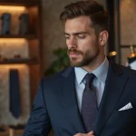 Homme en costume navy choisissant une cravate en soie dans une boutique