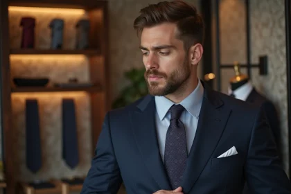 Homme en costume navy choisissant une cravate en soie dans une boutique