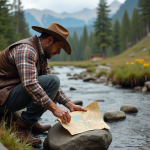 Homme cowboy examinant une carte près d'une rivière sauvage