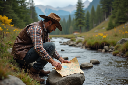 Homme cowboy examinant une carte près d'une rivière sauvage