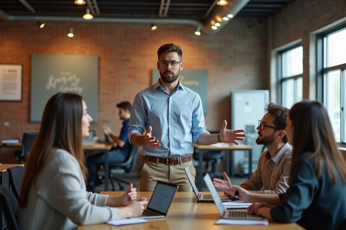 Homme déterminé discutant avec équipe dans espace coworking