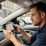 Homme consultant un appareil GPS sur le tableau de bord d'une voiture en ville
