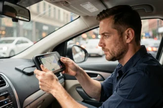 Homme consultant un appareil GPS sur le tableau de bord d'une voiture en ville