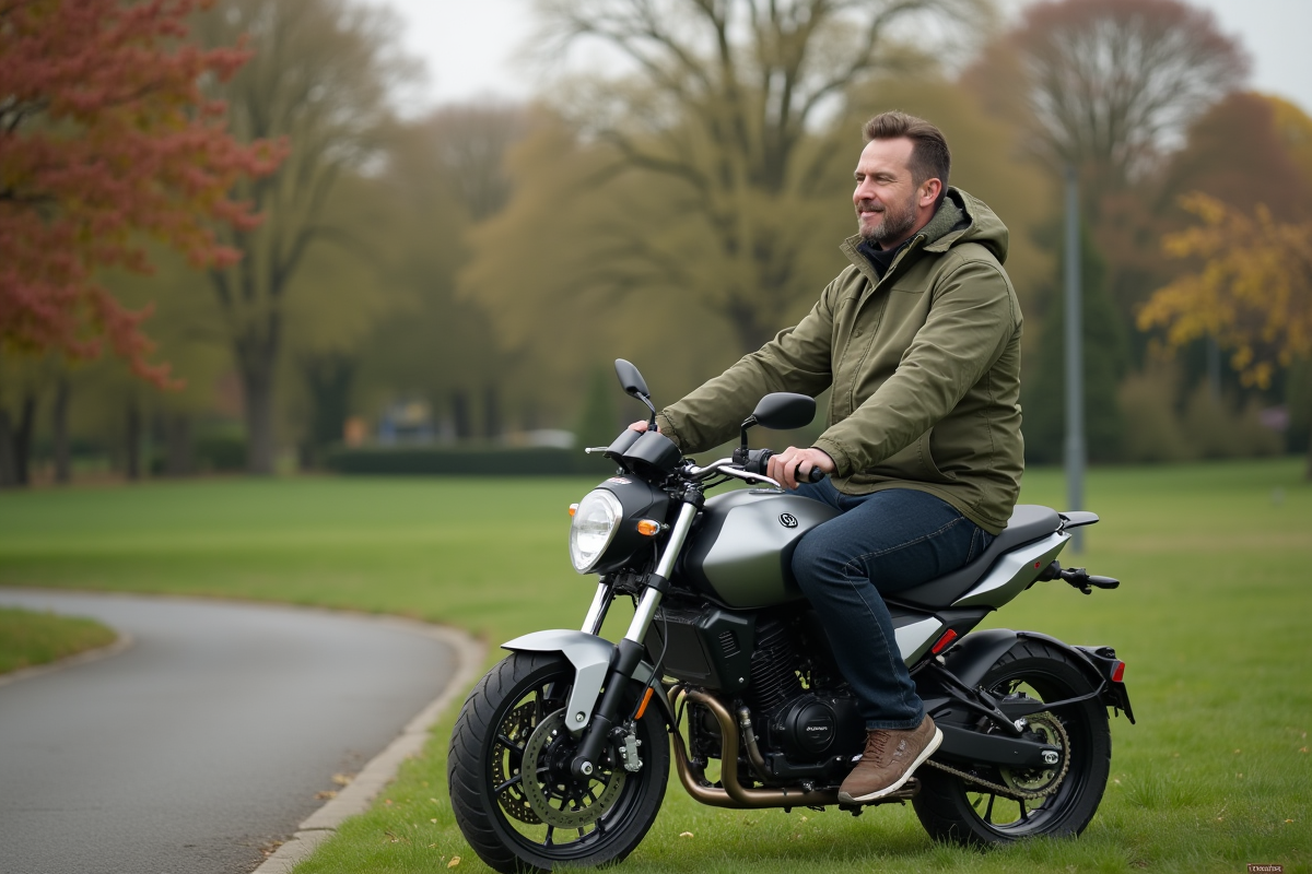 Homme en veste imperméable sur une moto Dax dans un parc