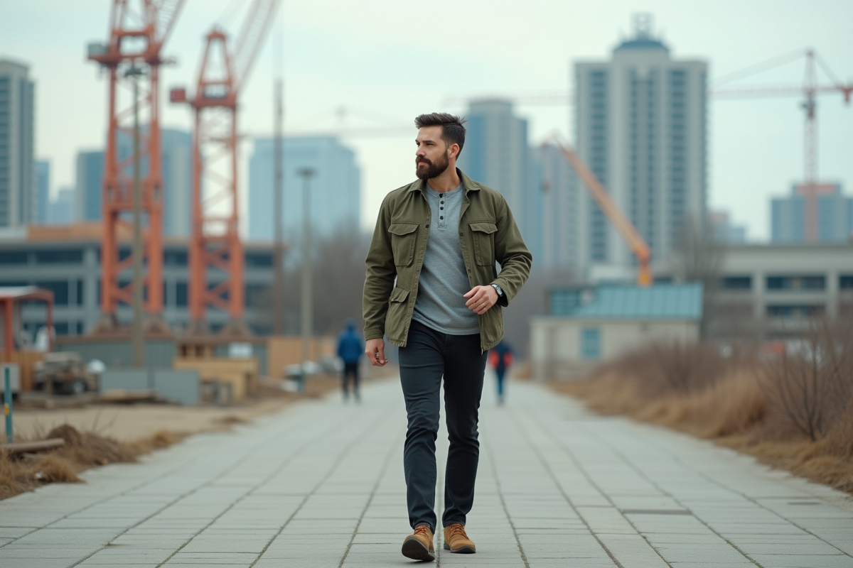 Homme en tenue de travail marchant près d un chantier urbain