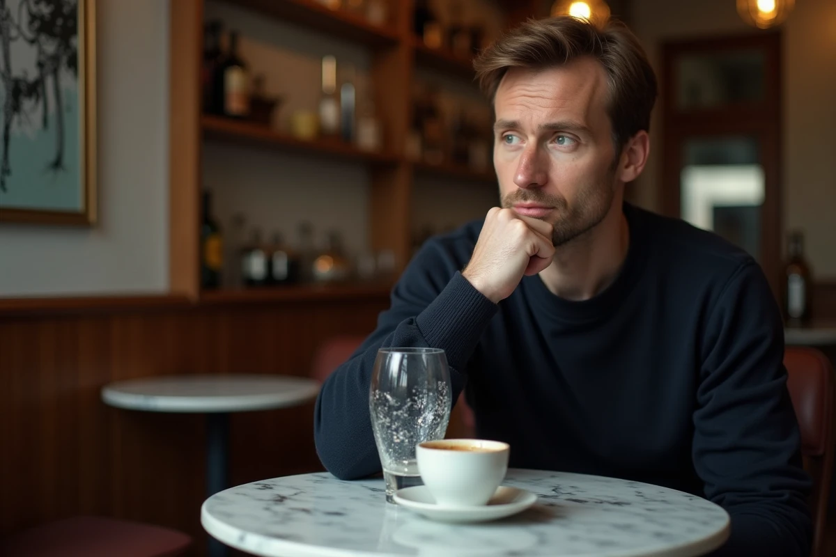 Homme pensif dans un café français observant un verre blanc cassé sur la table, questionnement sur la superstition