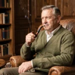 Homme d'âge mûr fumant une pipe en bruyère dans un salon bibliothèque aux tons chauds et à l'atmosphère feutrée