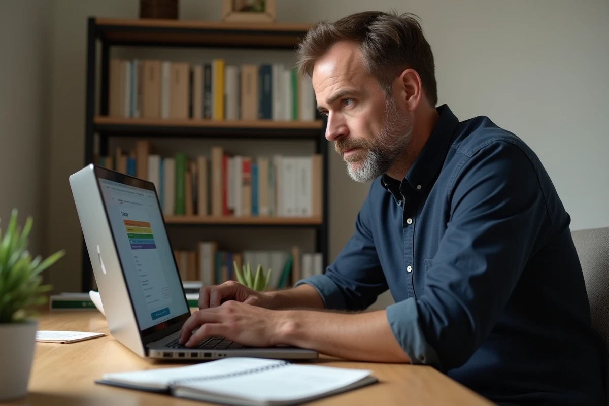 Homme recherchant un colis introuvable sur le site de suivi GLS depuis son bureau à domicile