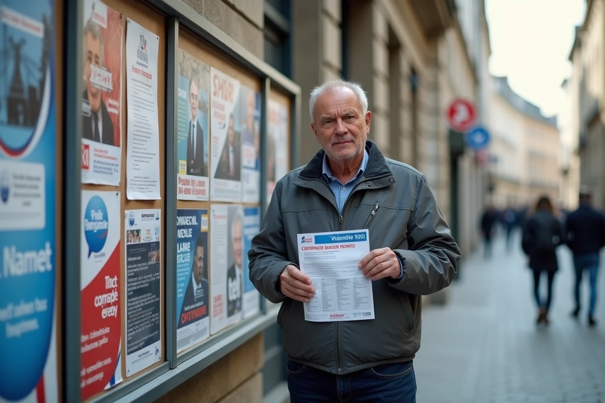 Homme examinant le résultat imprimé d'un quiz de parti politique devant un panneau d'affichage électoral en ville française