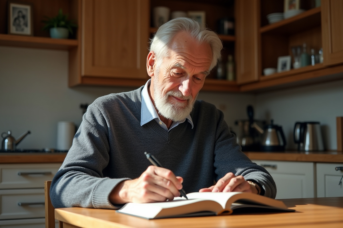 Homme retraité lisant un livret patrimoine à la maison