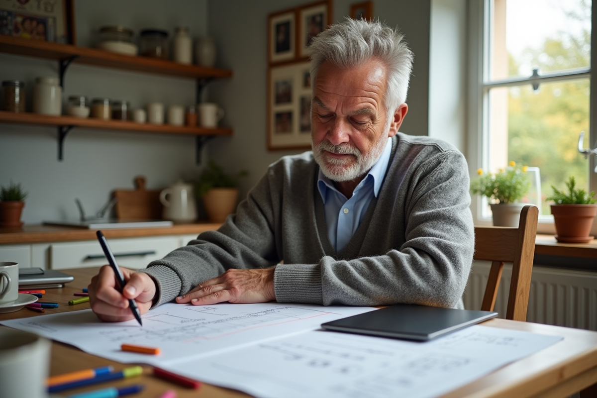 Homme relisant un plan de projet à la maison