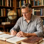 Homme sceptique étudiant des textes ésotériques et religieux sur l'Échelle de Jacob dans une bibliothèque personnelle
