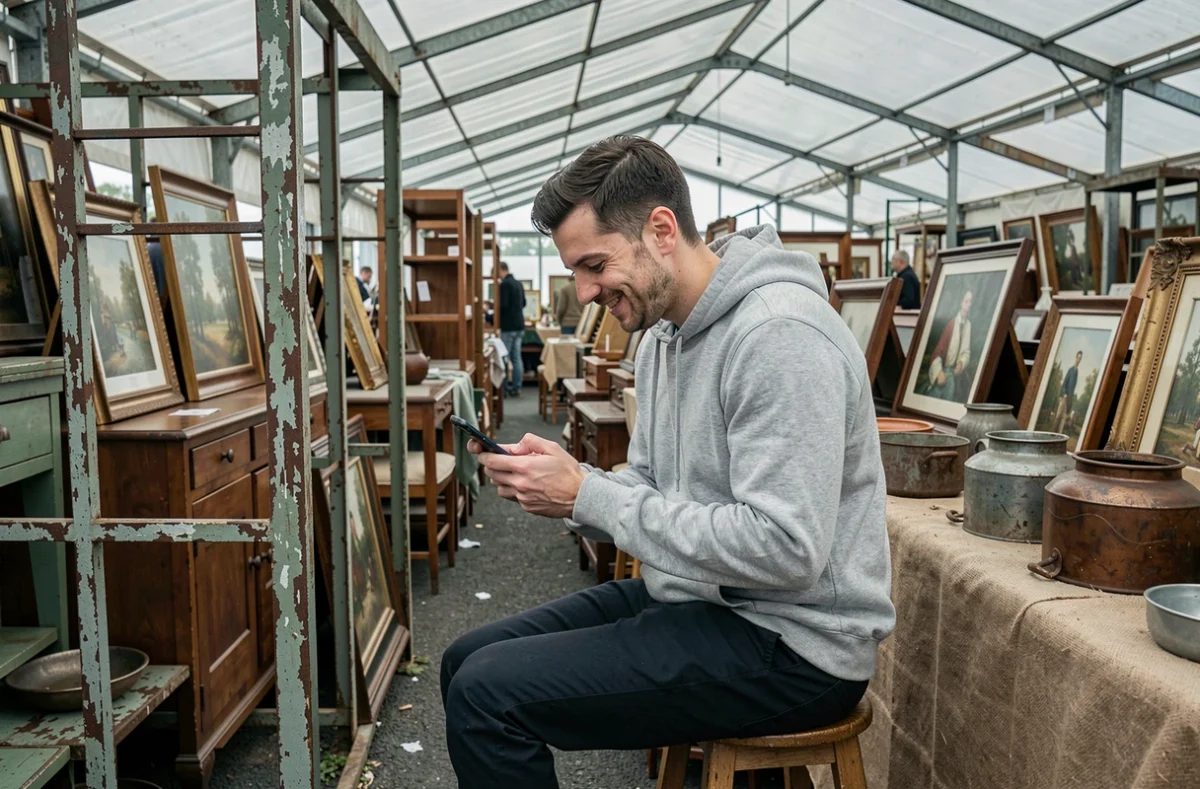 Homme utilisant une application smartphone pour comparer des prix en brocante lors d'un marché aux puces