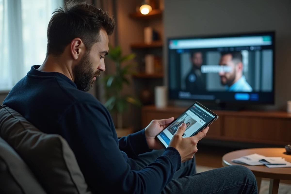 Homme comparant des sites de streaming sur tablette pour trouver la bonne adresse de 1jour1film