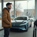 Homme contemplant une voiture essence 2025 au station service