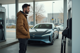 Homme contemplant une voiture essence 2025 au station service