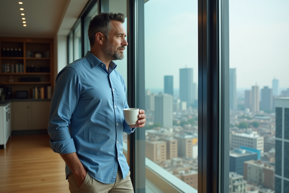 Homme regardant par une grande fenetre en appartement