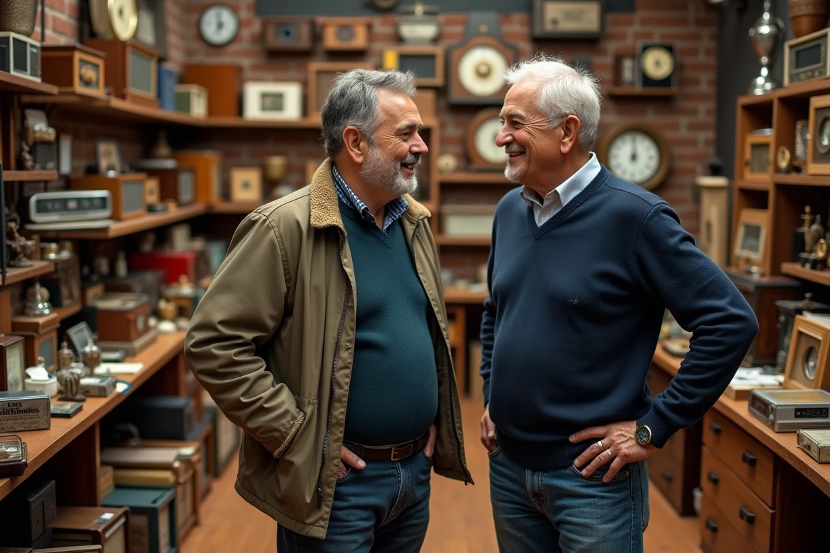 Deux hommes explorant une brocante vintage intérieure