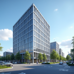 Bâtiment administratif urbain français avec zones vertes et stationnement