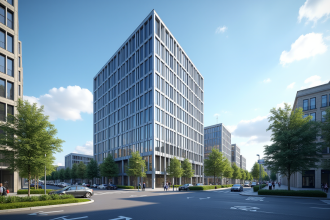 Bâtiment administratif urbain français avec zones vertes et stationnement