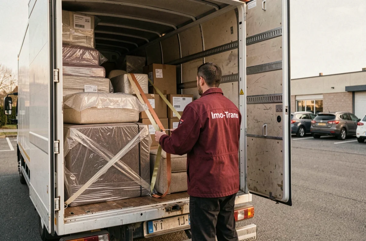 Professionnel Imo-Trans arrimant des meubles emballés à l'intérieur de la remorque d'un camion de déménagement