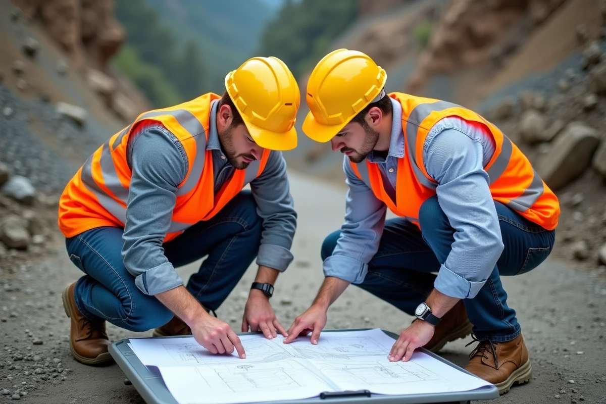 Deux ingénieurs en géotechnique étudiant les plans de micropieux sur un chantier en terrain rocheux et difficile
