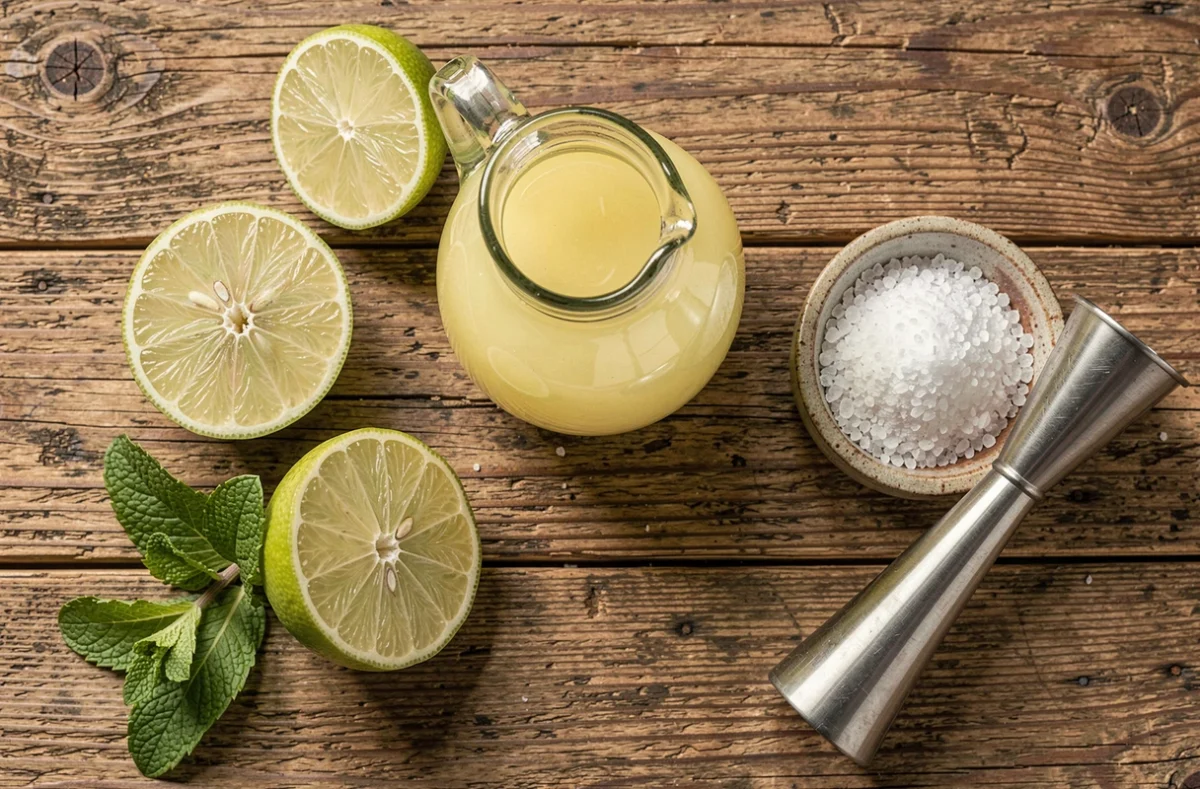 Vue de dessus d'ingrédients de mixologie avec citrons verts, jus frais, menthe et doseur vintage sur bois