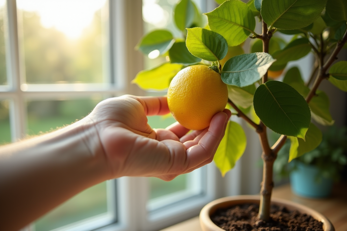 Personne inspectant une feuille jaune sur un citronnier en intérieur