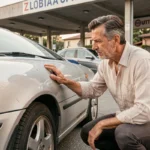 Homme inspectant une voiture d'occasion dans un parking de concessionnaire automobile en Italie