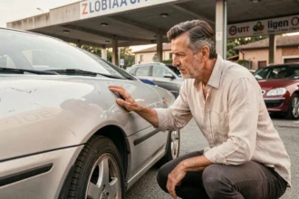 Homme inspectant une voiture d'occasion dans un parking de concessionnaire automobile en Italie