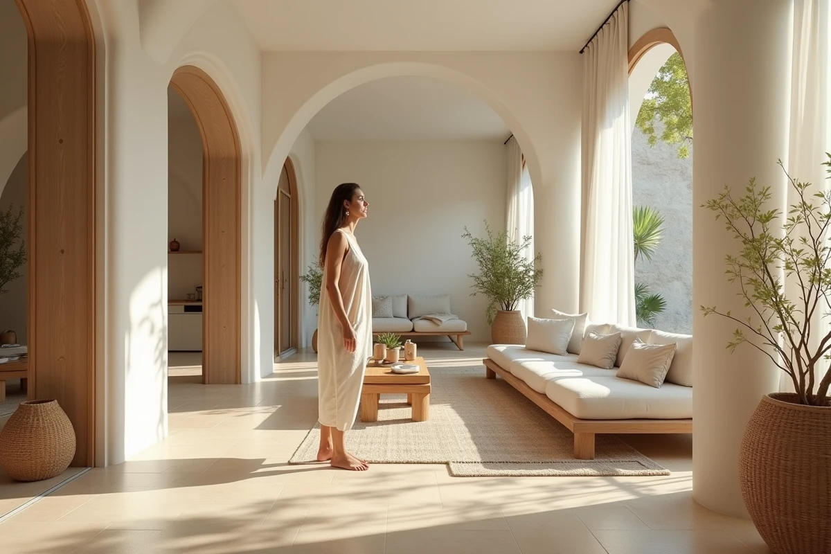 Intérieur de maison avec dallage en pierre d'Égypte couleur crème donnant une ambiance de villa de vacances