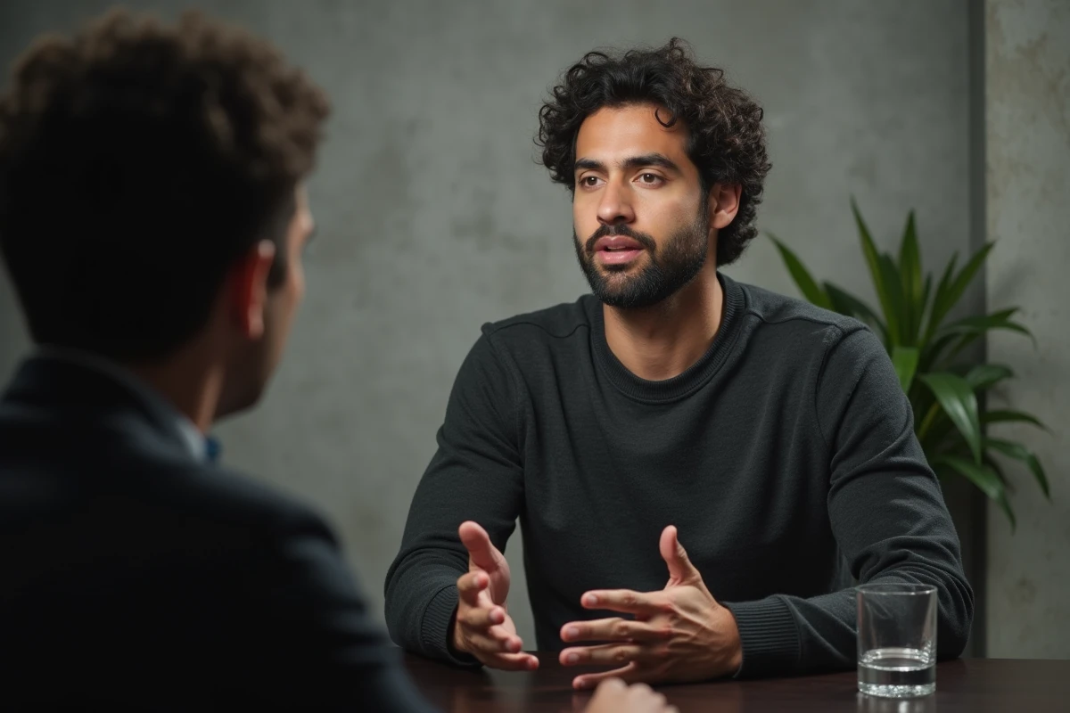 Homme interviewé dans les coulisses d'un studio télévisé, posture détendue et expression sincère lors d'une prise de parole publique