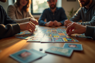 Jeu de société detective moderne en cours sur une table en bois
