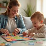 Parent et enfant jouant avec des pièces colorées pour apprendre la gestion d argent