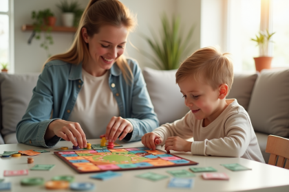 Parent et enfant jouant avec des pièces colorées pour apprendre la gestion d argent