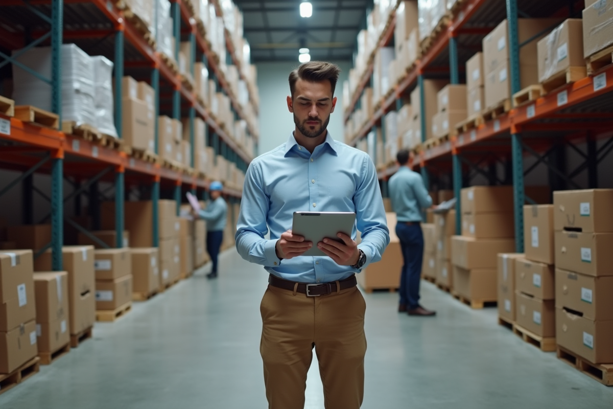 Jeune entrepreneur vérifiant inventaire dans un entrepôt industriel