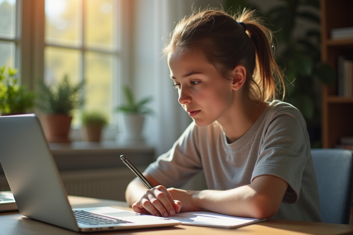 Jeune femme concentrée en apprentissage en ligne sur un ordinateur portable