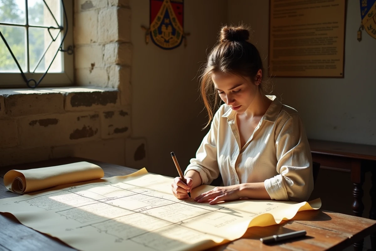 Jeune femme dessinant un arbre généalogique ancien