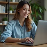 Jeune femme en bureau moderne utilisant un ordinateur portable