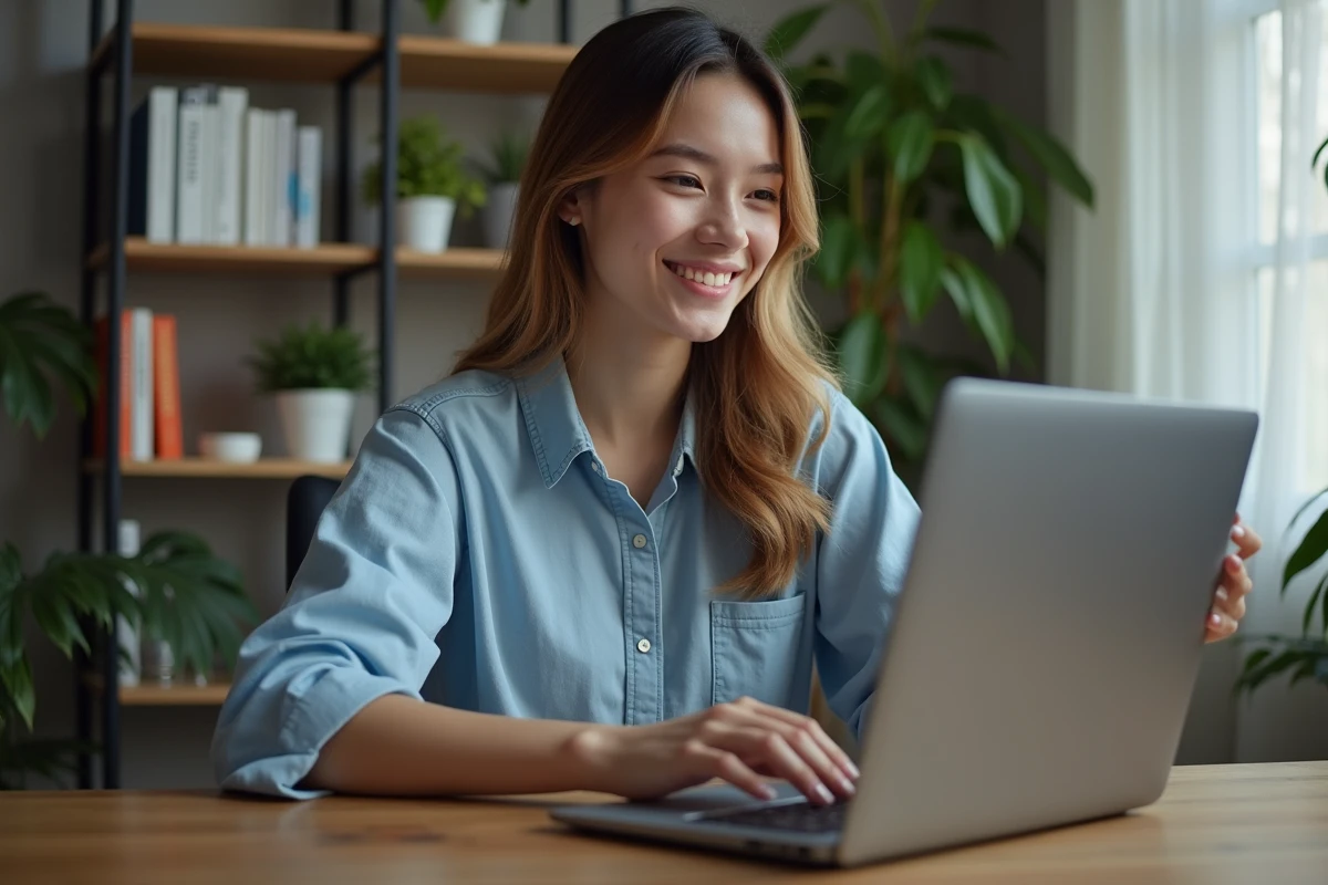 Jeune femme en bureau moderne utilisant un ordinateur portable