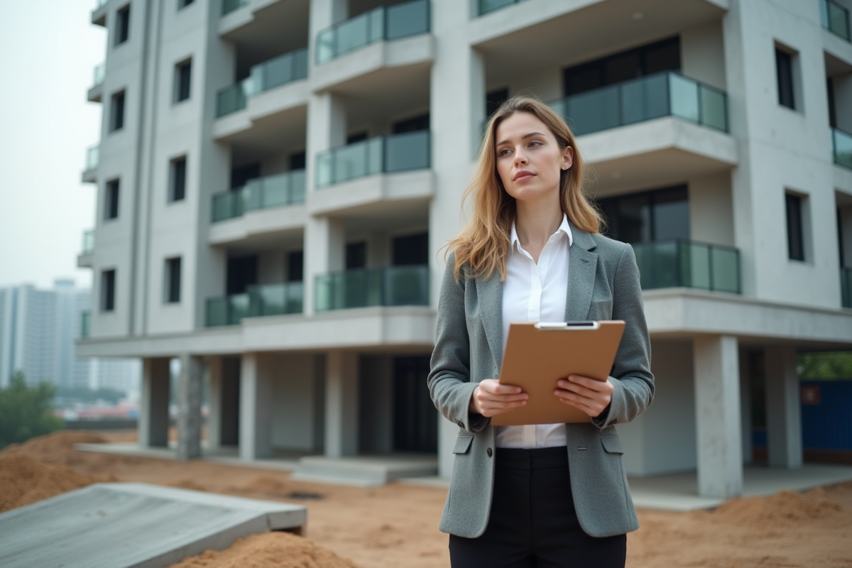 Jeune femme devant un bâtiment résidentiel en construction