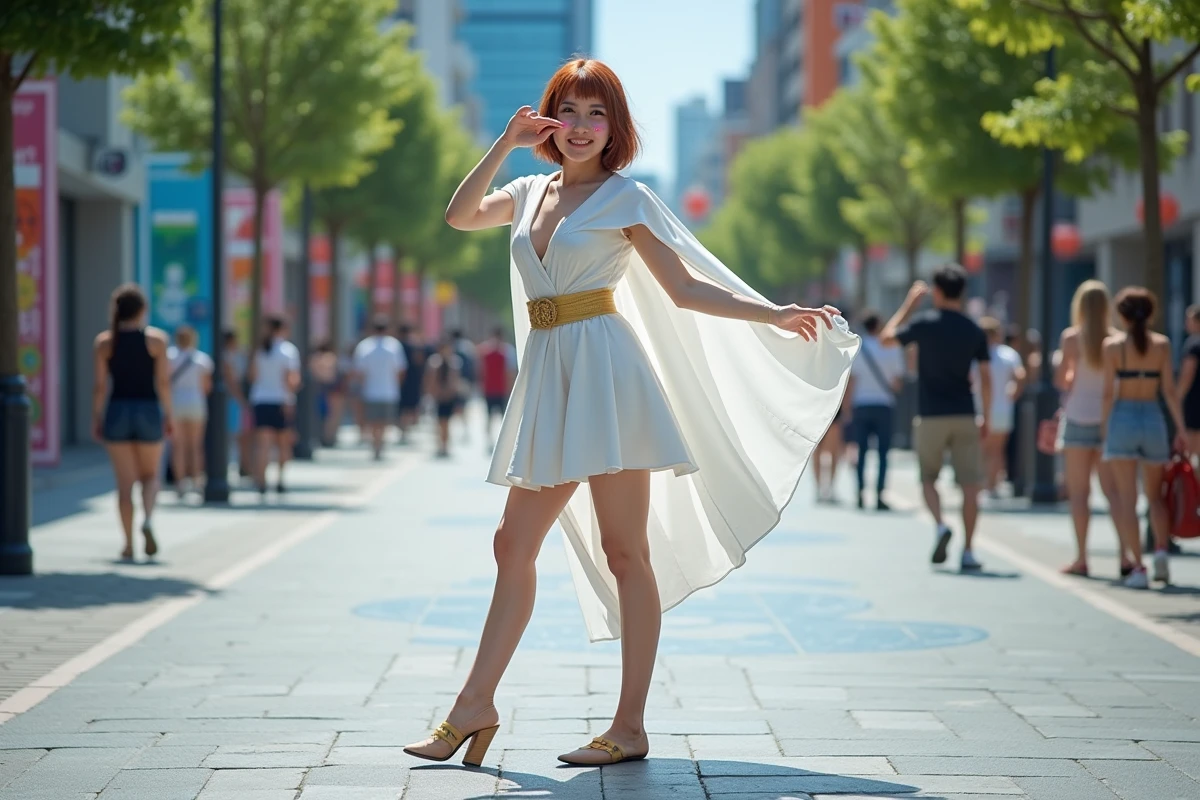 Jeune femme cosplay Mr Two dans une place urbaine colorée