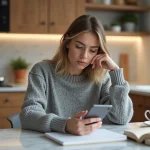 Jeune femme concentrée jouant à 4 Images 1 Word sur son téléphone