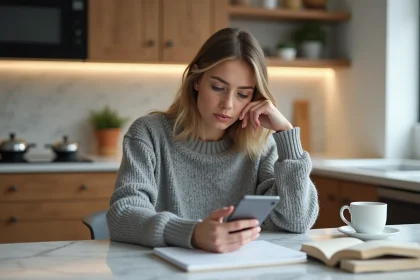 Jeune femme concentrée jouant à 4 Images 1 Word sur son téléphone