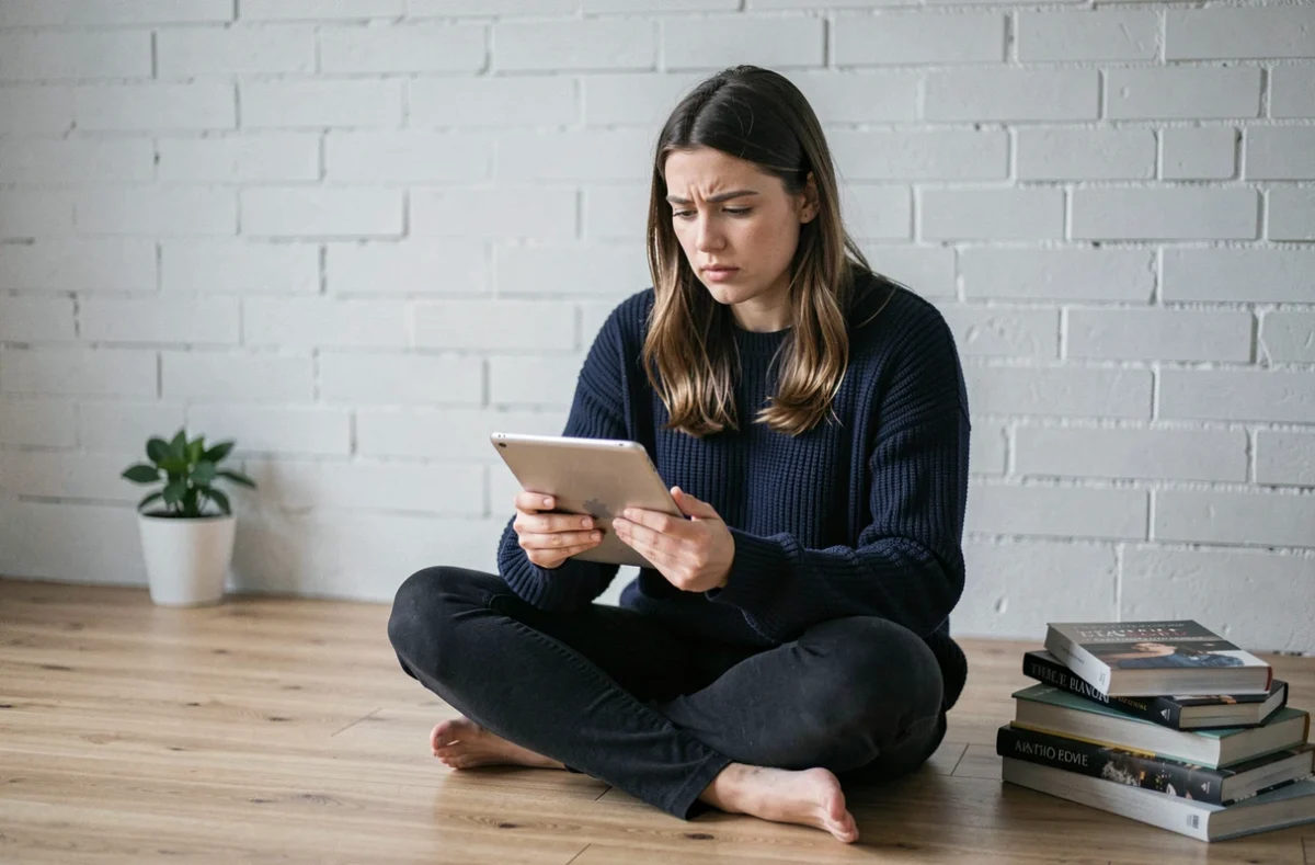 Jeune femme curieuse et sceptique lisant le blog l'Échelle de Jacob sur une tablette chez elle