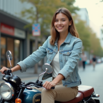 Jeune femme souriante sur une moto Dax en ville