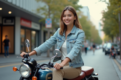 Jeune femme souriante sur une moto Dax en ville