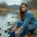 Jeune femme ramassant des vêtements en denim sur la rive d'une rivière