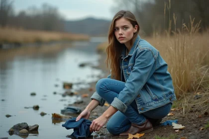 Jeune femme ramassant des vêtements en denim sur la rive d'une rivière